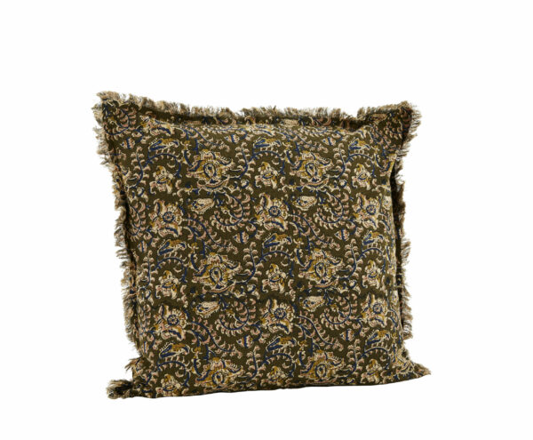 Grand Coussin imprimé franges fleuri Vert