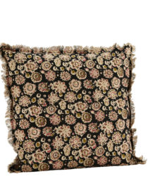Grand Coussin imprimé franges fleuri Noir