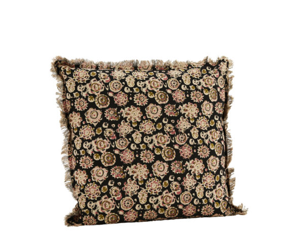 Grand Coussin imprimé franges fleuri Noir