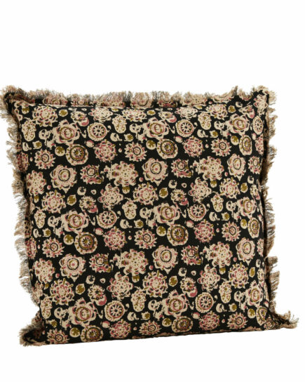 Grand Coussin imprimé franges fleuri Noir