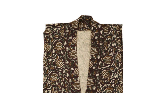 Kimono en coton imprimé avec ceinture motifs fleuris marron
