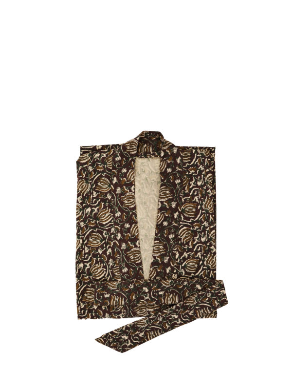 Kimono en coton imprimé avec ceinture motifs fleuris marron