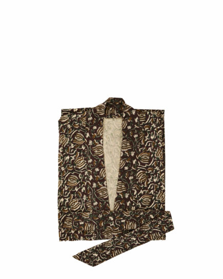 Kimono en coton imprimé avec ceinture motifs fleuris marron