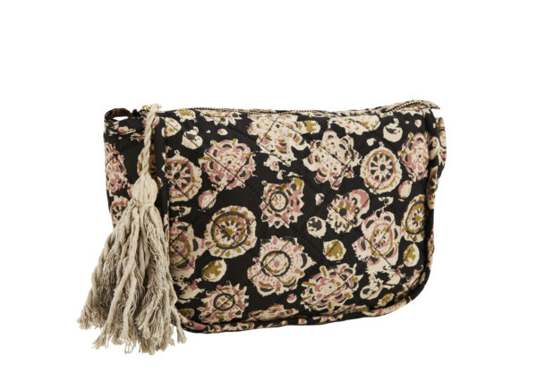 Trousse de toilette imprimée avec pompon motifs fleuris noir - S