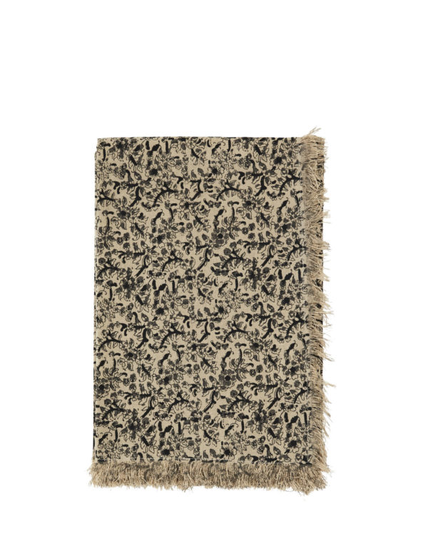 Nappe carrée imprimée avec franges beige, grise et noire