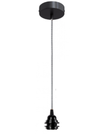 Suspension Douille Noir 110cm Cable Tissu Noir Blanc Rosace Noir