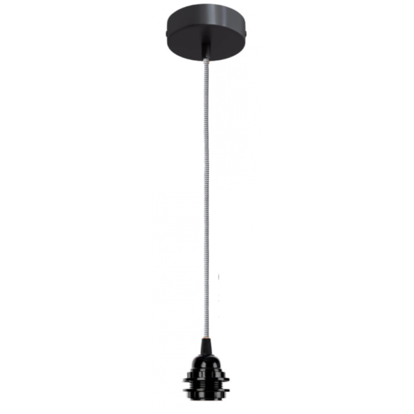 Suspension Douille Noir 110cm Cable Tissu Noir Blanc Rosace Noir