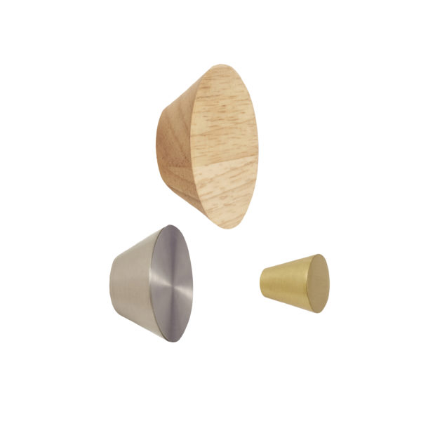 Lot de 3 patères, métal/bois, nickel/laiton/bois