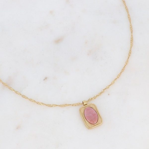 Collier Venata doré avec pierre Rhodonite