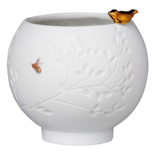 Photophore porcelaine Bol Oiseau doré