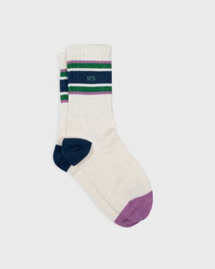 Chaussettes Retro - Beige, rayé vert et violet en coton peigné