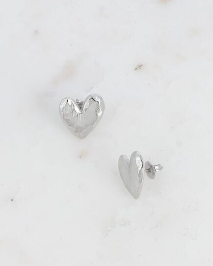 Boucles puces - coeur martelé effet brossé - argenté
