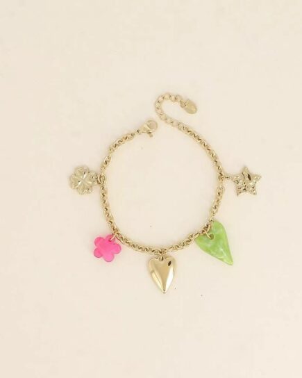 Bracelet - étoile martelée, coeurs, perle fleur et trèfle