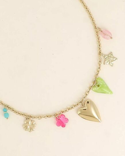 Collier - étoile martelée, coeurs, perle fleur et trèfle