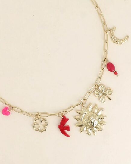 Collier - trèfles, soleil, lune, oiseau, perles