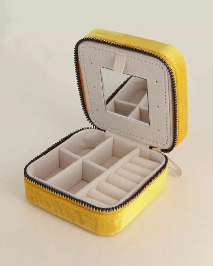 Boîte à bijoux Jaune carré en velours avec miroir