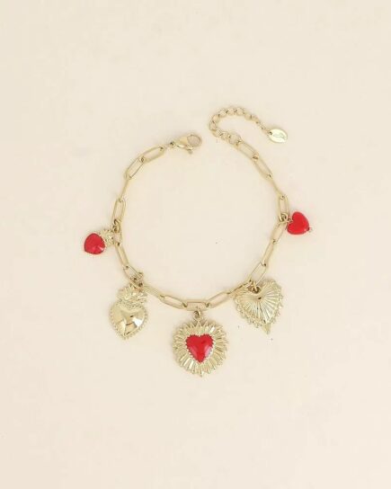 Bracelet - pendentifs coeurs, émail et perles