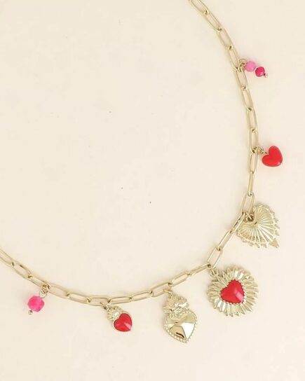 Collier - pendentifs coeurs, émail et perles