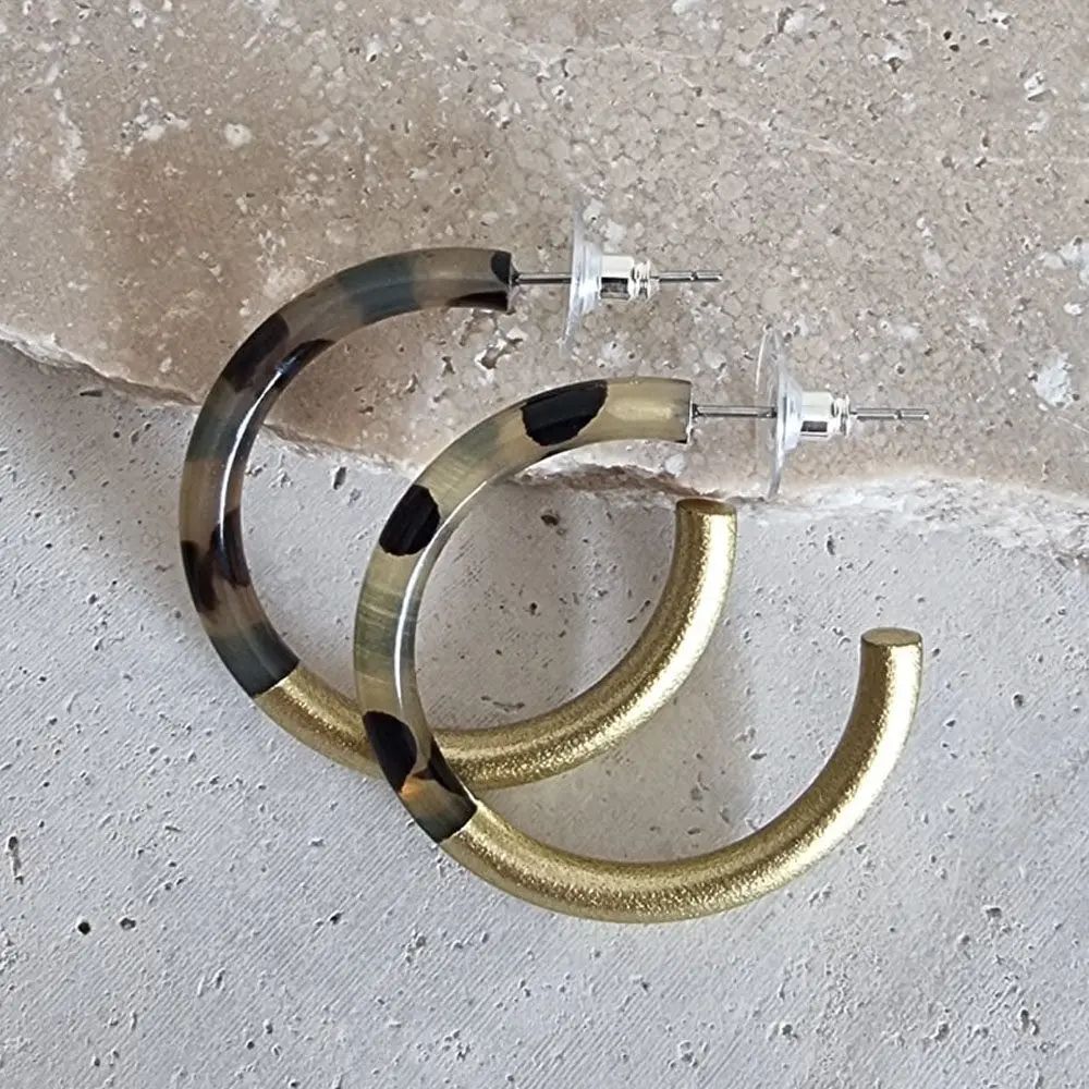 Boucles d'Oreilles Créoles en Corne - 4 cm - Duo Léopard Gold