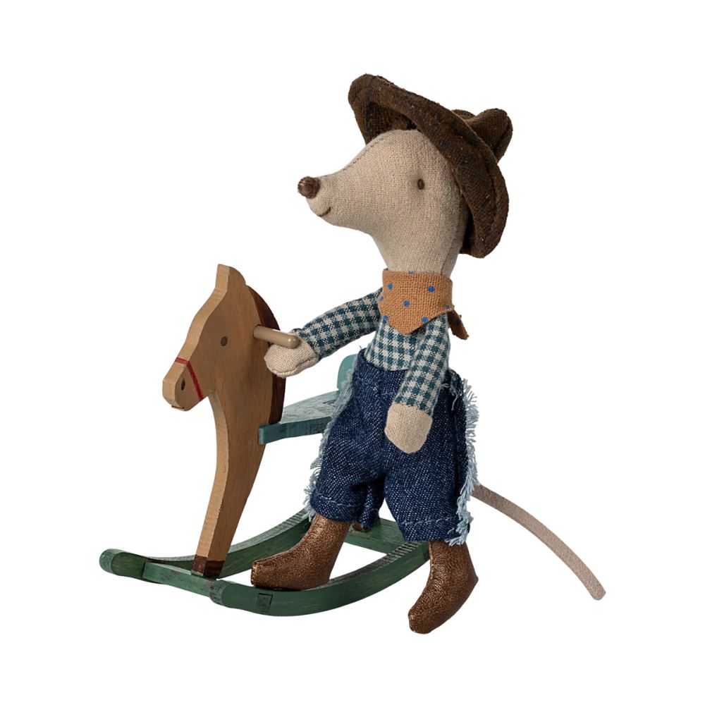 Souris cow-boy sur cheval à bascule, petit frère